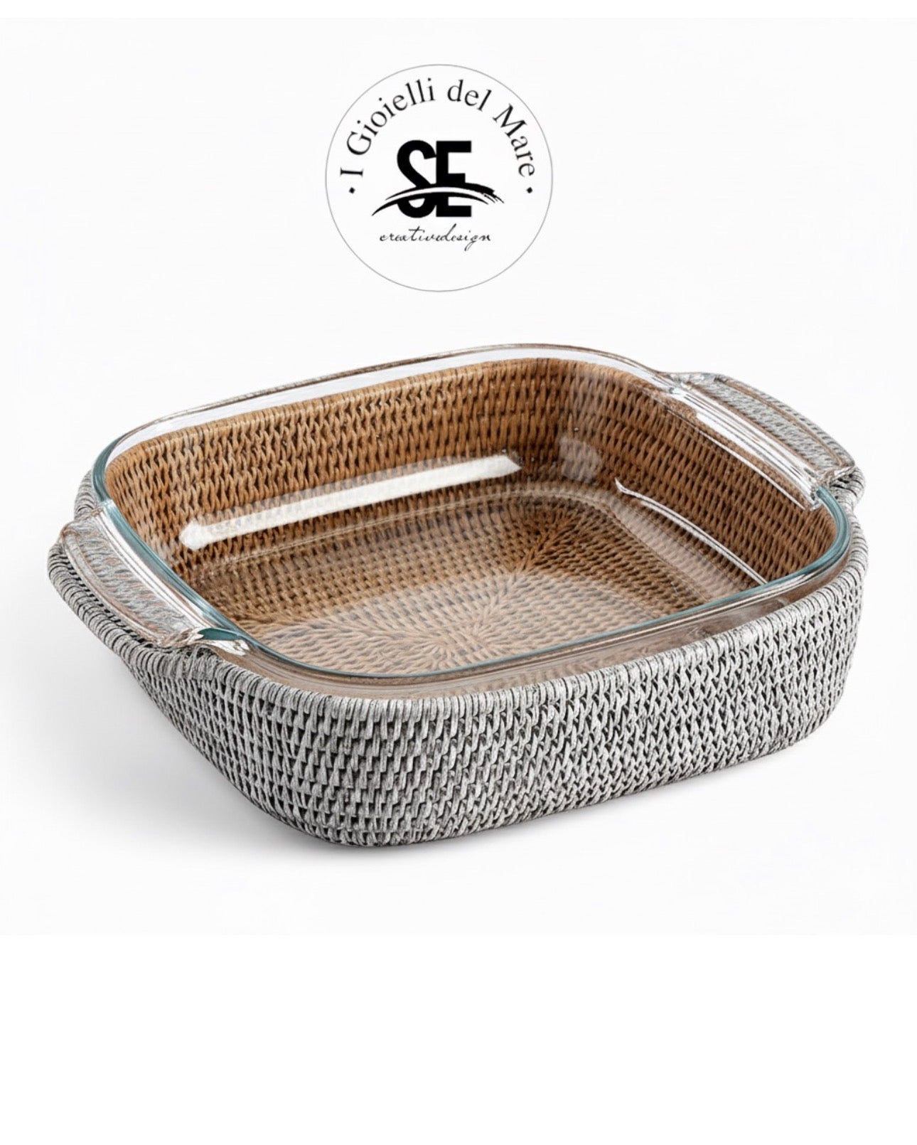 Cod.20144 Cestino quadro svasato in rattan rivestito in argento con Pyrex da forno artigianale in argento - I Gioielli del Mare