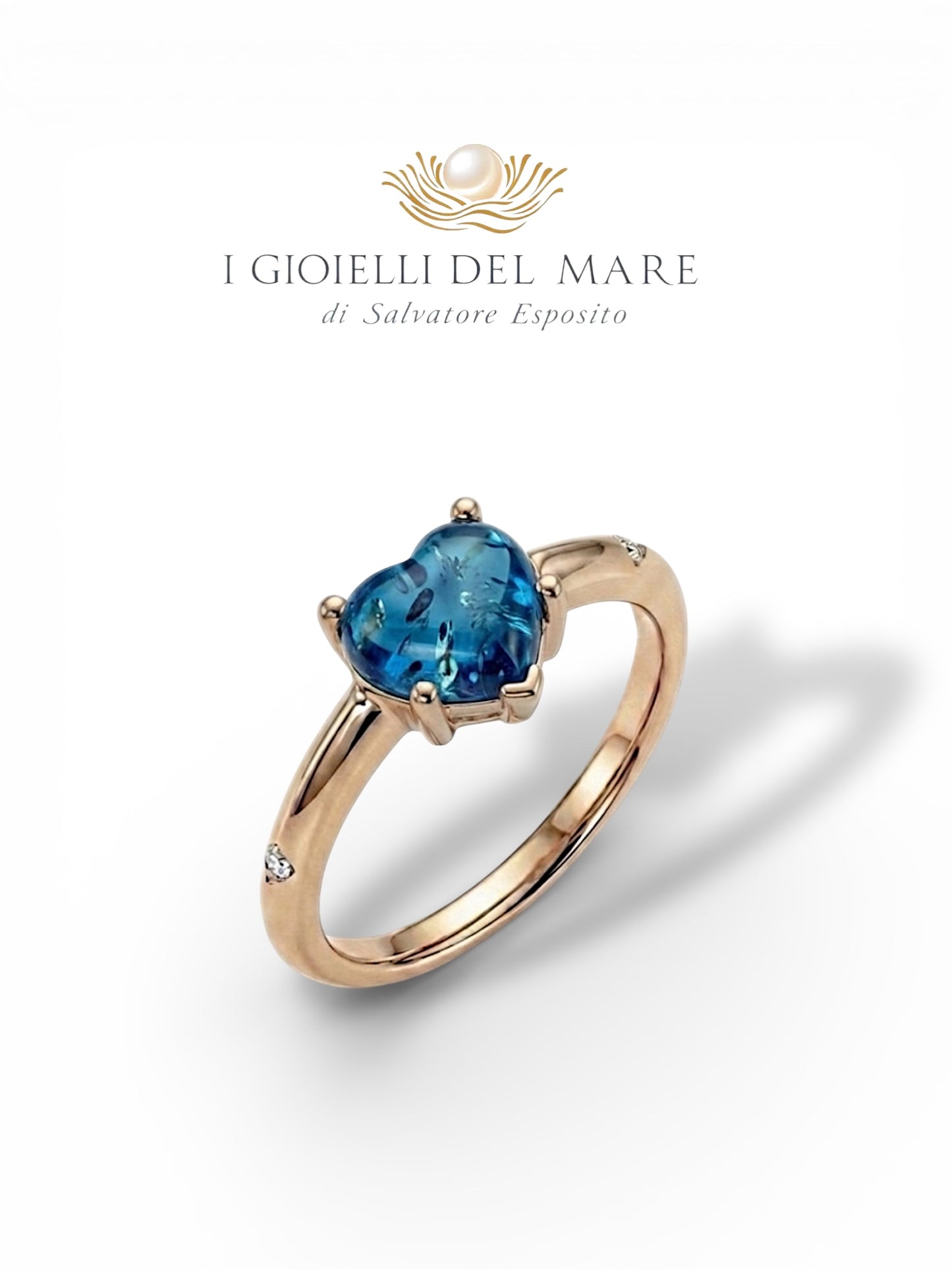 Anello oro con cuore di Ambra blu e brillantini (Info su richiesta )