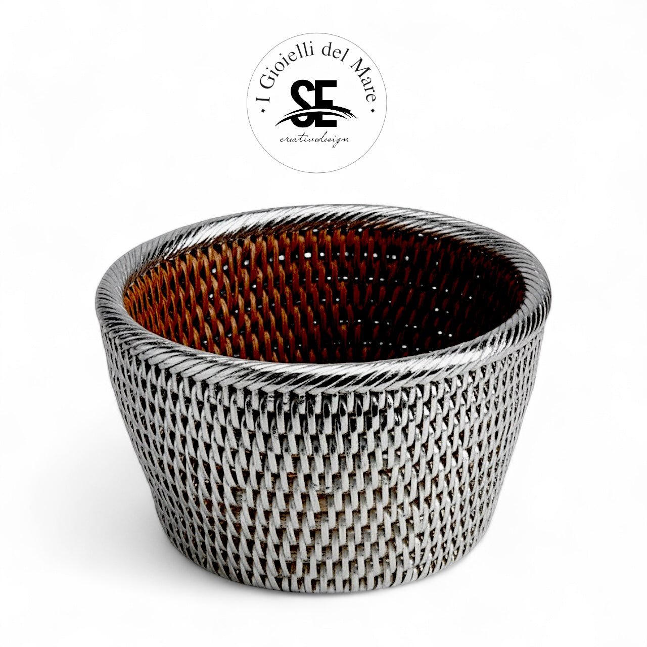 Cod.20143 Cestino tondo in rattan rivestito in argento artigianale in argento - I Gioielli del Mare