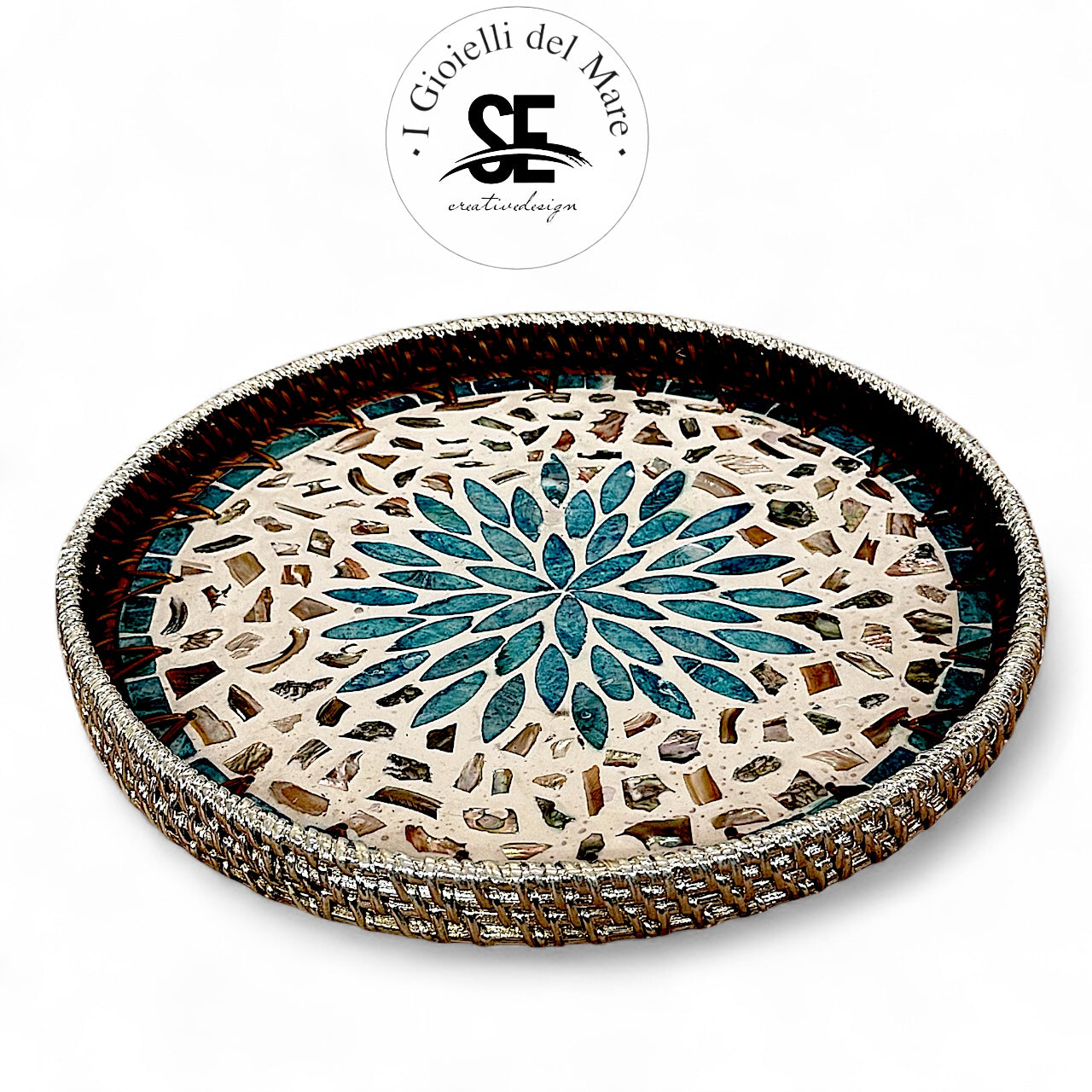 Cod.21239 Vassoio tondo rattan rivestito in argento e mosaico madreperla 🆕