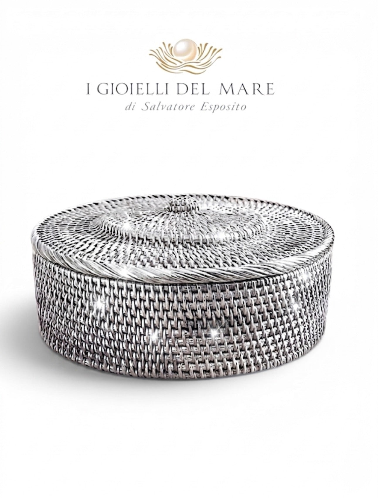 Ciotola con coperchio in rattan birmano rivestito in argento — Ø 26cm