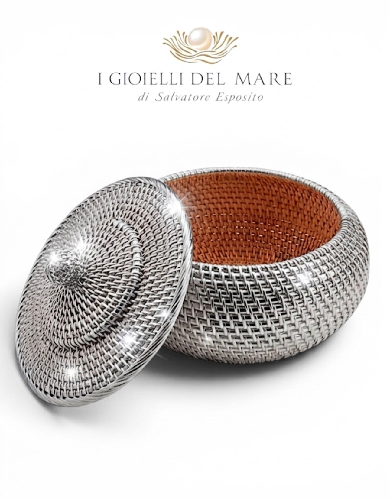 Ciotola con coperchio in rattan birmano rivestito in argento — Ø 25cm