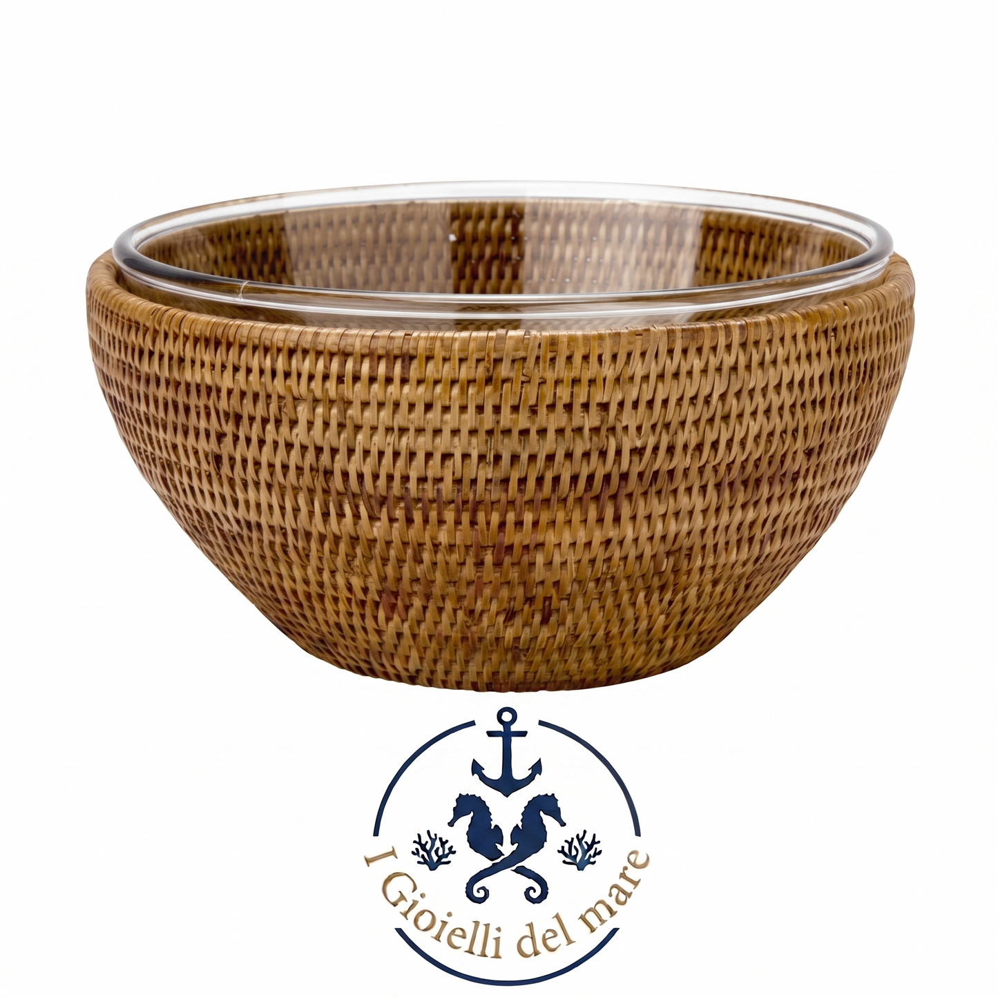 Ciotola in rattan naturale birmano con Pyrex artigianale in argento - I Gioielli del Mare