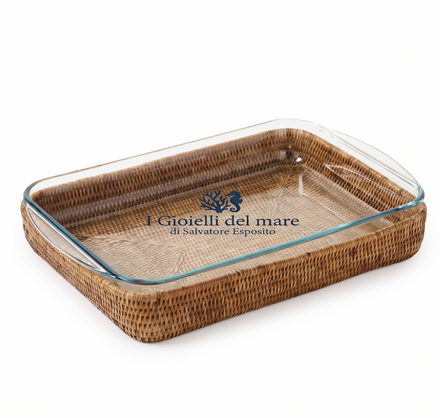 Vassoio rattan naturale birmano naturale con Pyrex artigianale in argento - I Gioielli del Mare