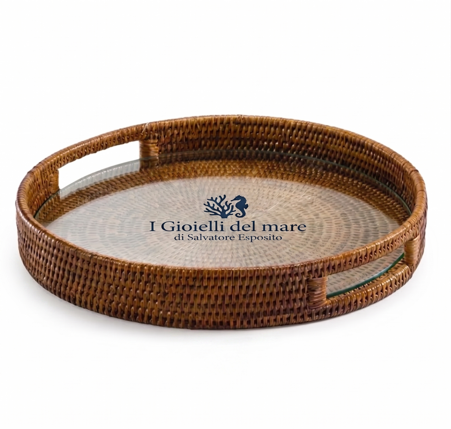 Vassoio tondo rattan naturale birmano con Pyrex artigianale in argento - I Gioielli del Mare