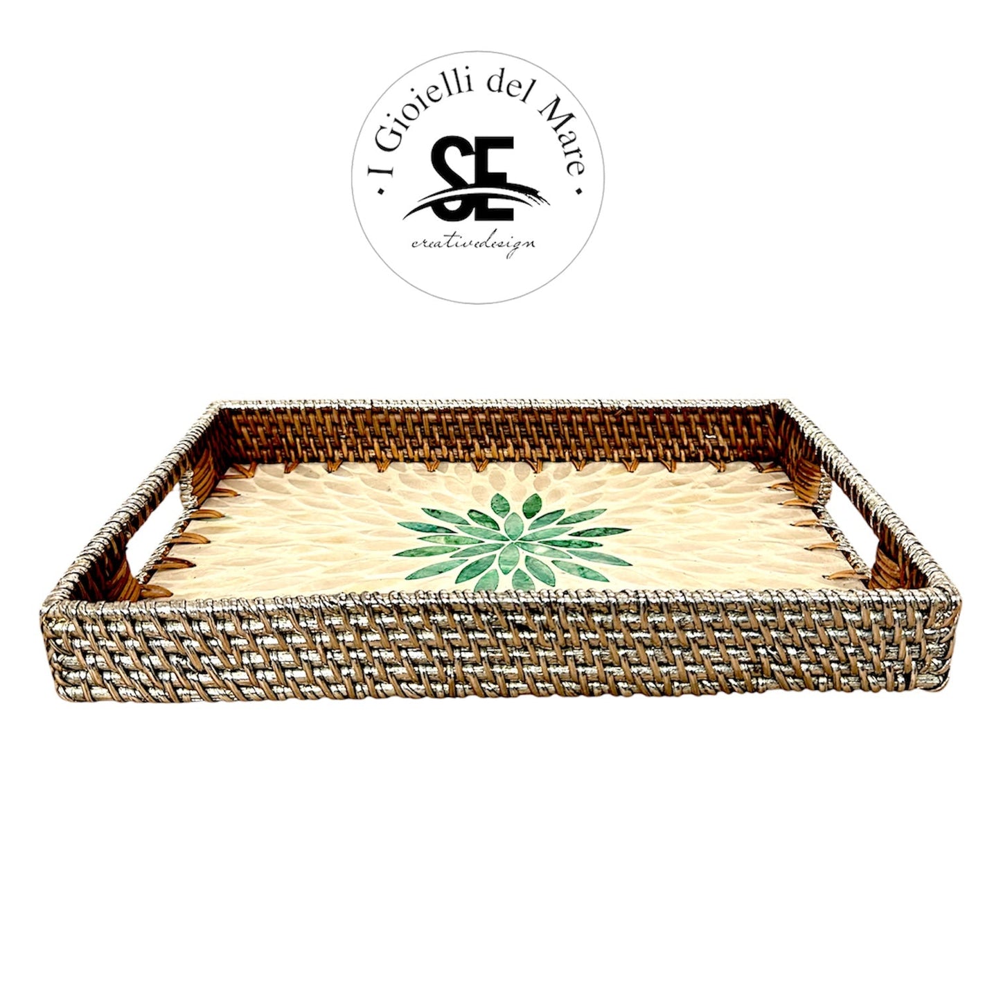 Cod.21225 Vassoio rettangolare rattan con manici e mosaico di madreprla 🆕