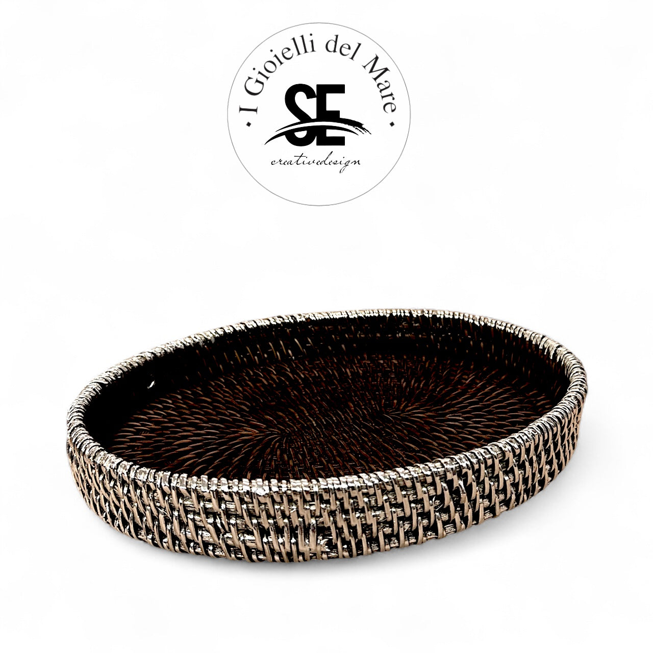 Cod.21236 Vassoio ovale in rattan rivestito in argento 🆕