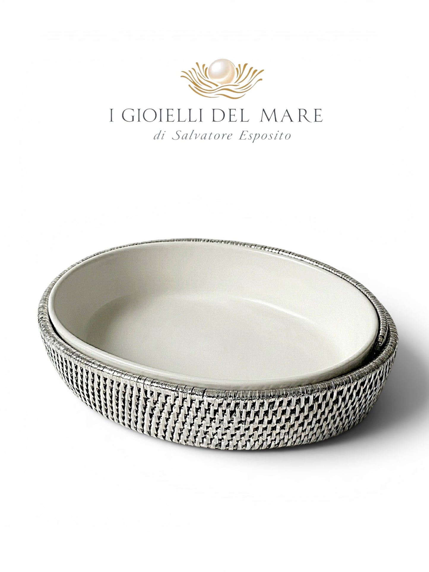 Vassoio ovale in rattan birmano rivestito in argento con porcellana da forno