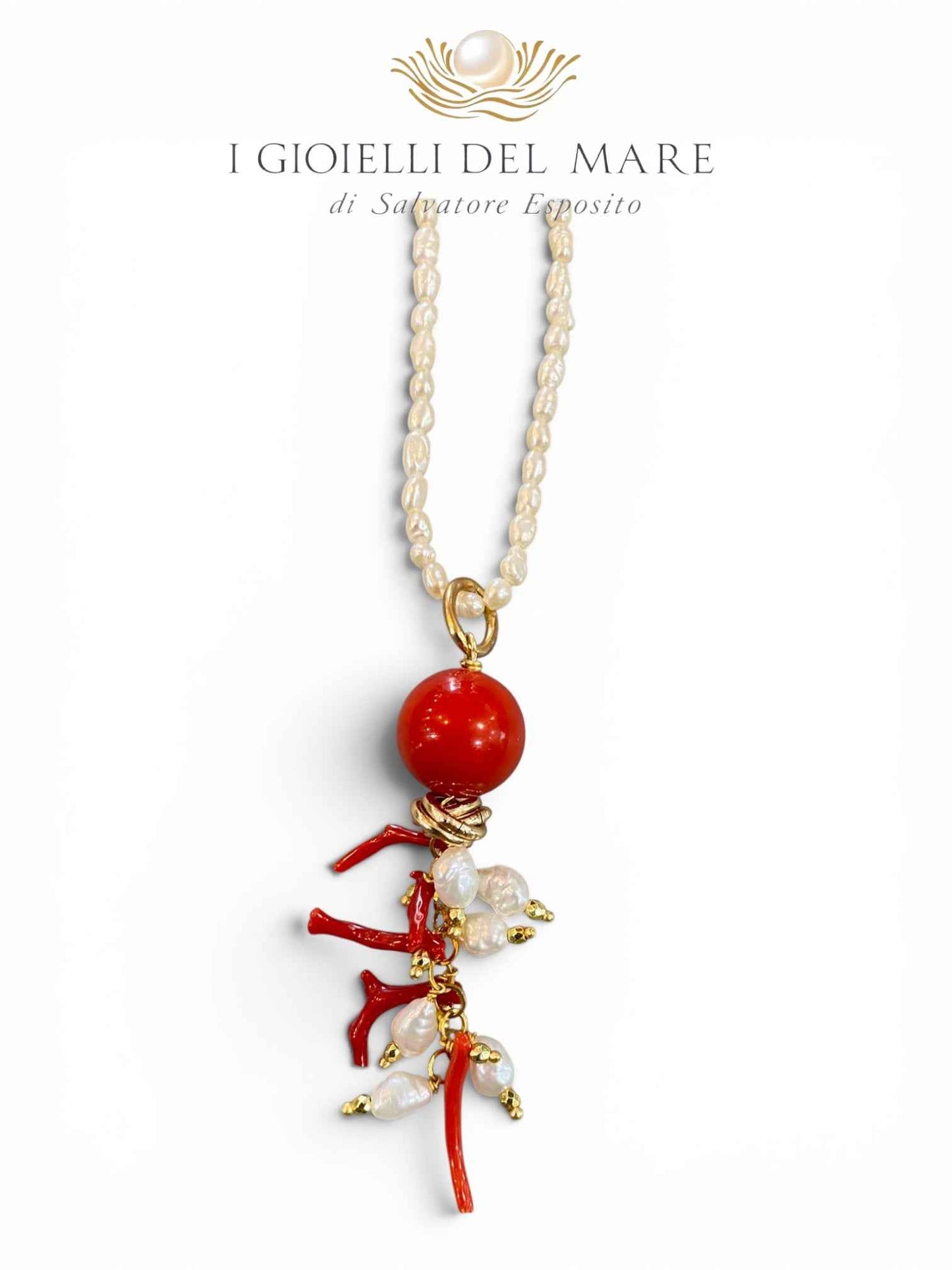 Collier perle con ciondolo in pasta di corallo , corallo Sardegna e perle di acqua dolce con metallo antiallergico