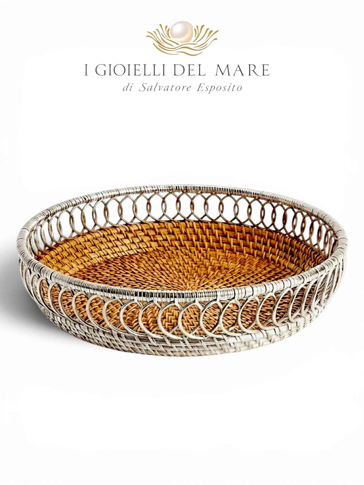 Cestino tondo in rattan naturale rivestito in argento