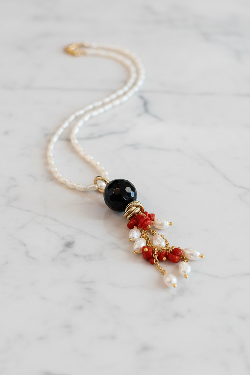 Ciondolo in onice perle e corallo rosso con montatura in ottone