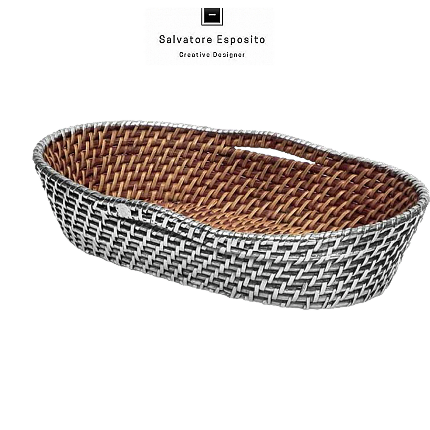 Cod.82425 Cesto ovale con manici rattan in argento