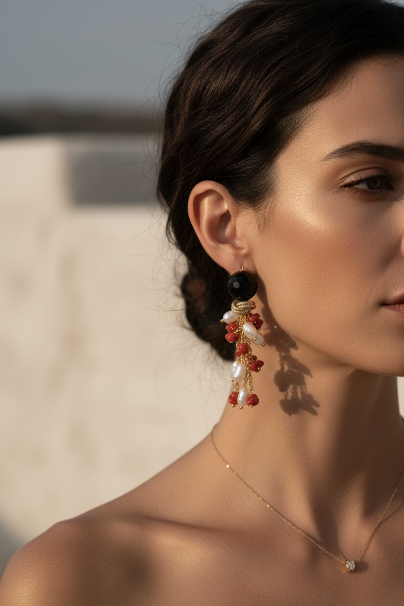 Modella con orecchini onice corallo perle