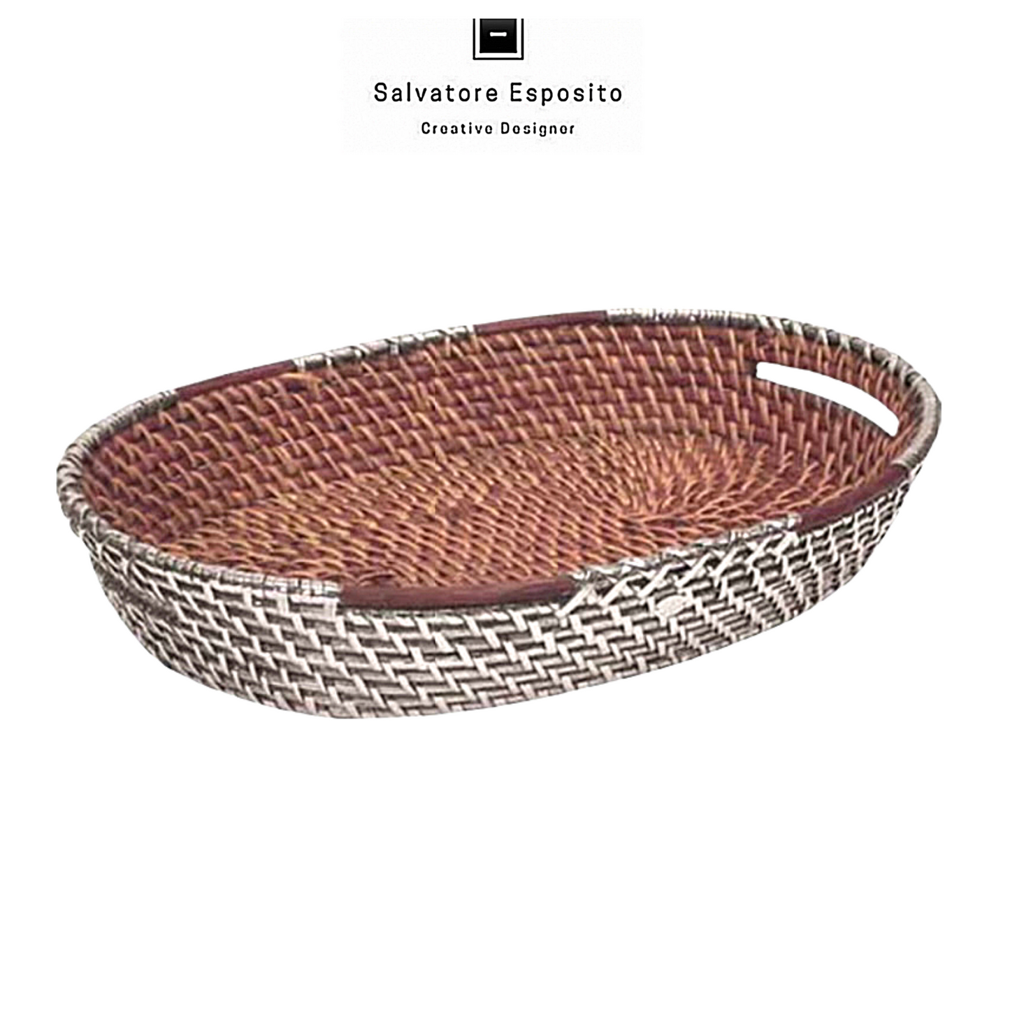 Cod.82428 Cesto ovale con manici in rattan rivestito in argento