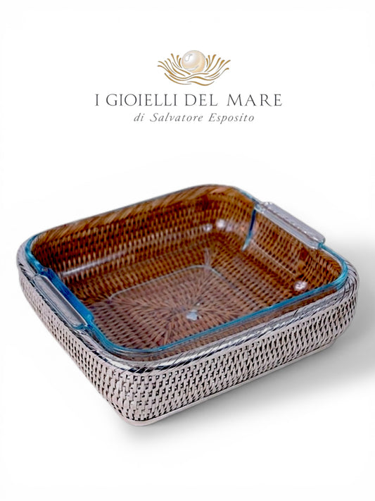 Cod.20254 Cesto quadro in rattan rivestito in argento con Pyrex da forno