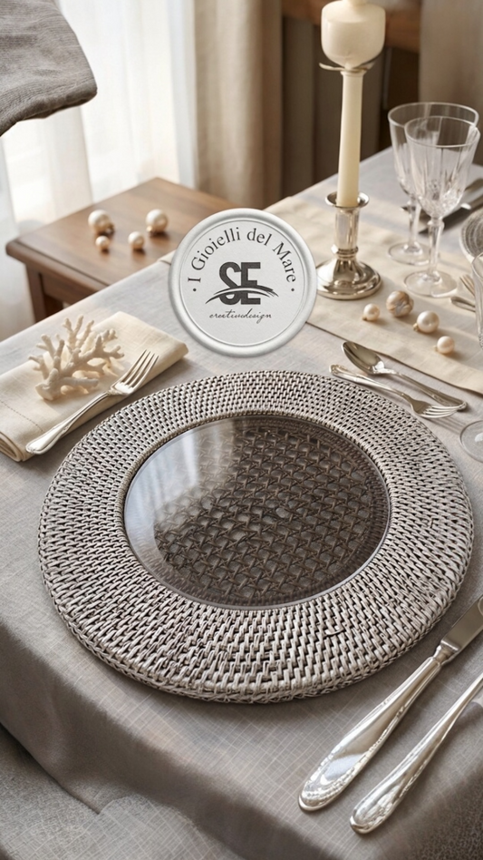 Sottopiatto in rattan rivestito in argento con plexiglas centrale
