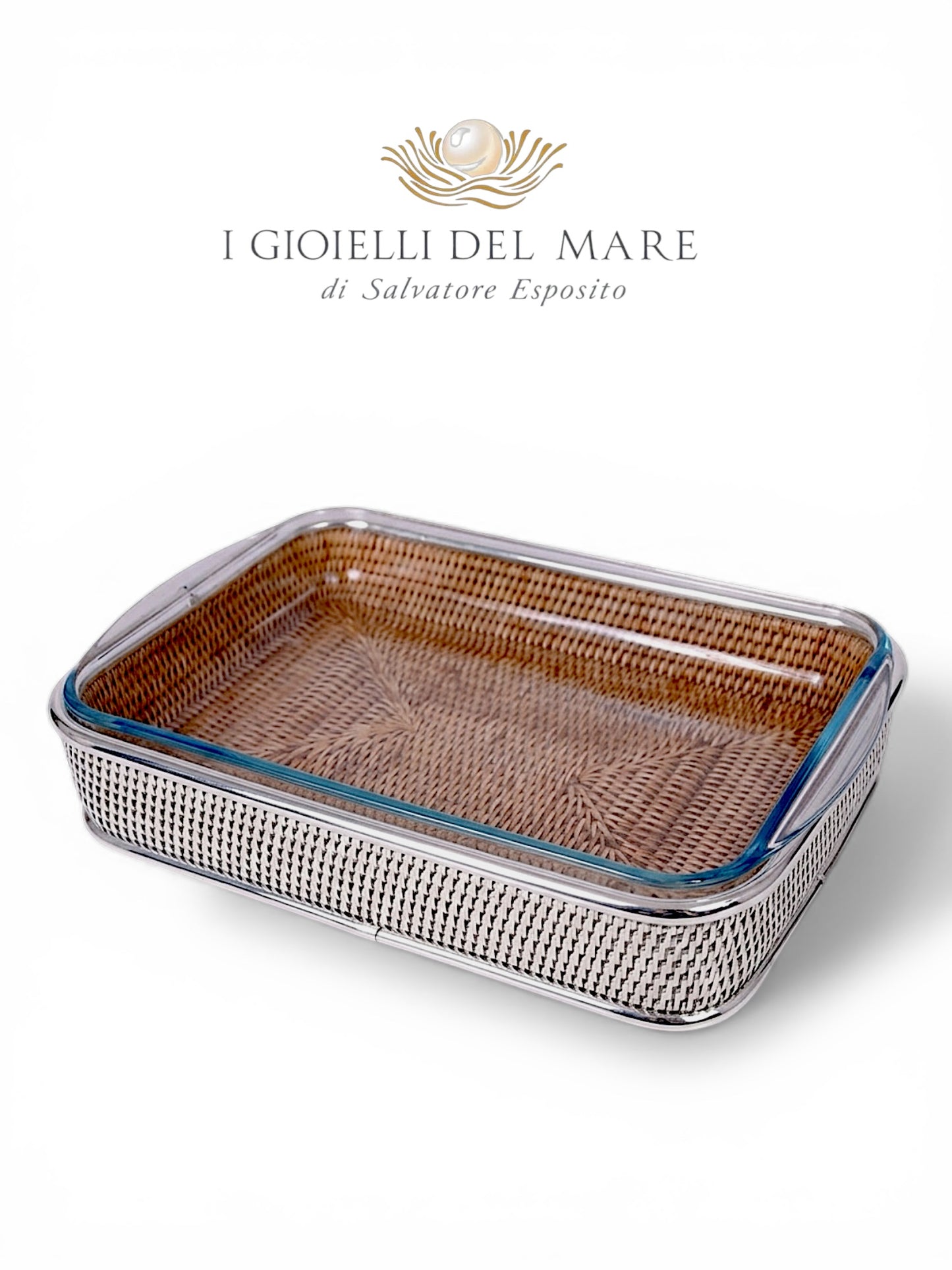 Cod.21262 Vassoio rettangolare in rattan rivestito in argento con Pyrex da forno artigianale in argento - I Gioielli del Mare