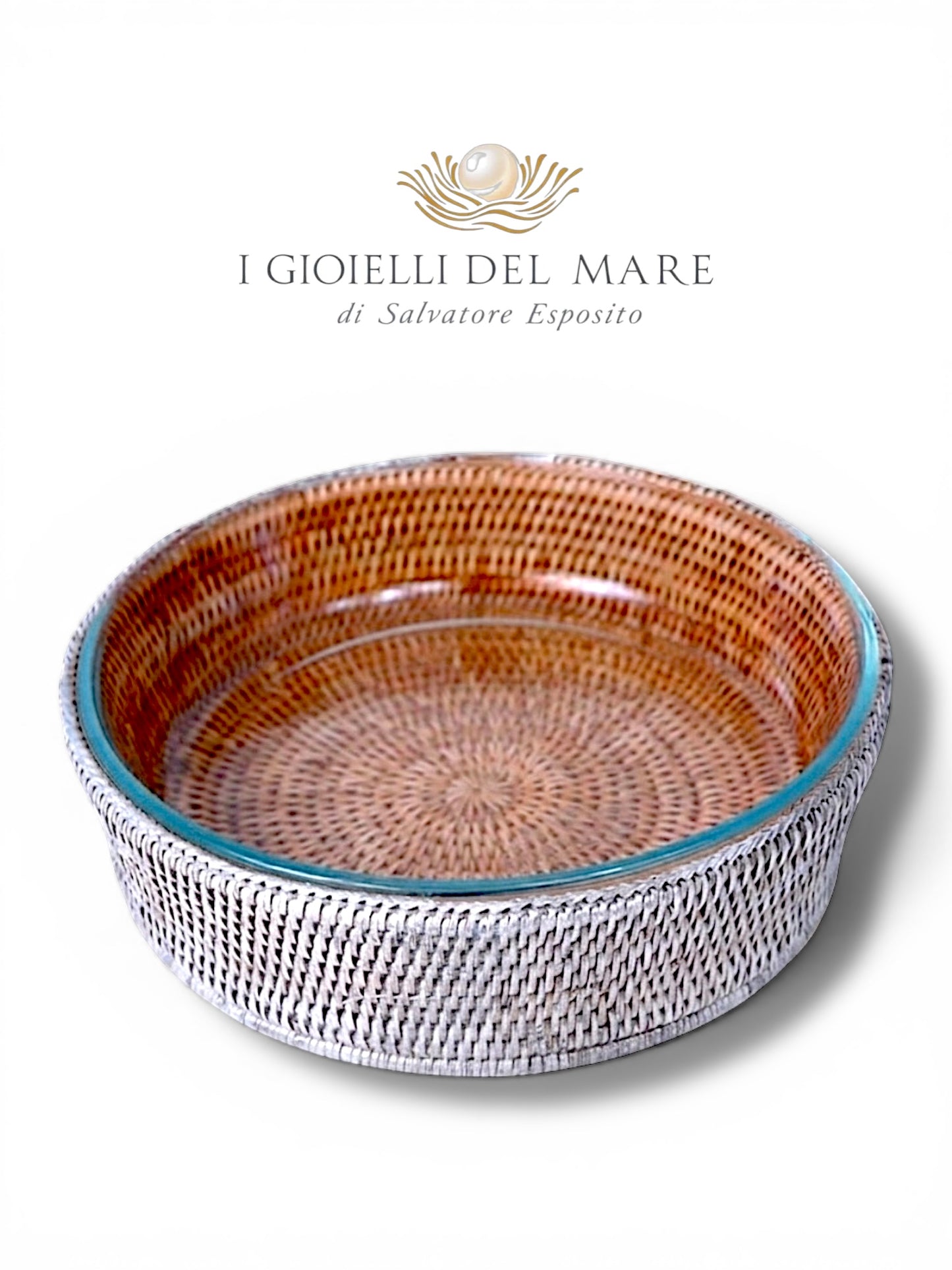 Cod.21255 Ciotola tonda in rattan rivestito in argento con Pyrex da forno artigianale in argento - I Gioielli del Mare