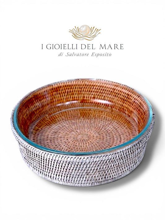 Cod.21255 Ciotola tonda in rattan rivestito in argento con Pyrex da forno artigianale in argento - I Gioielli del Mare