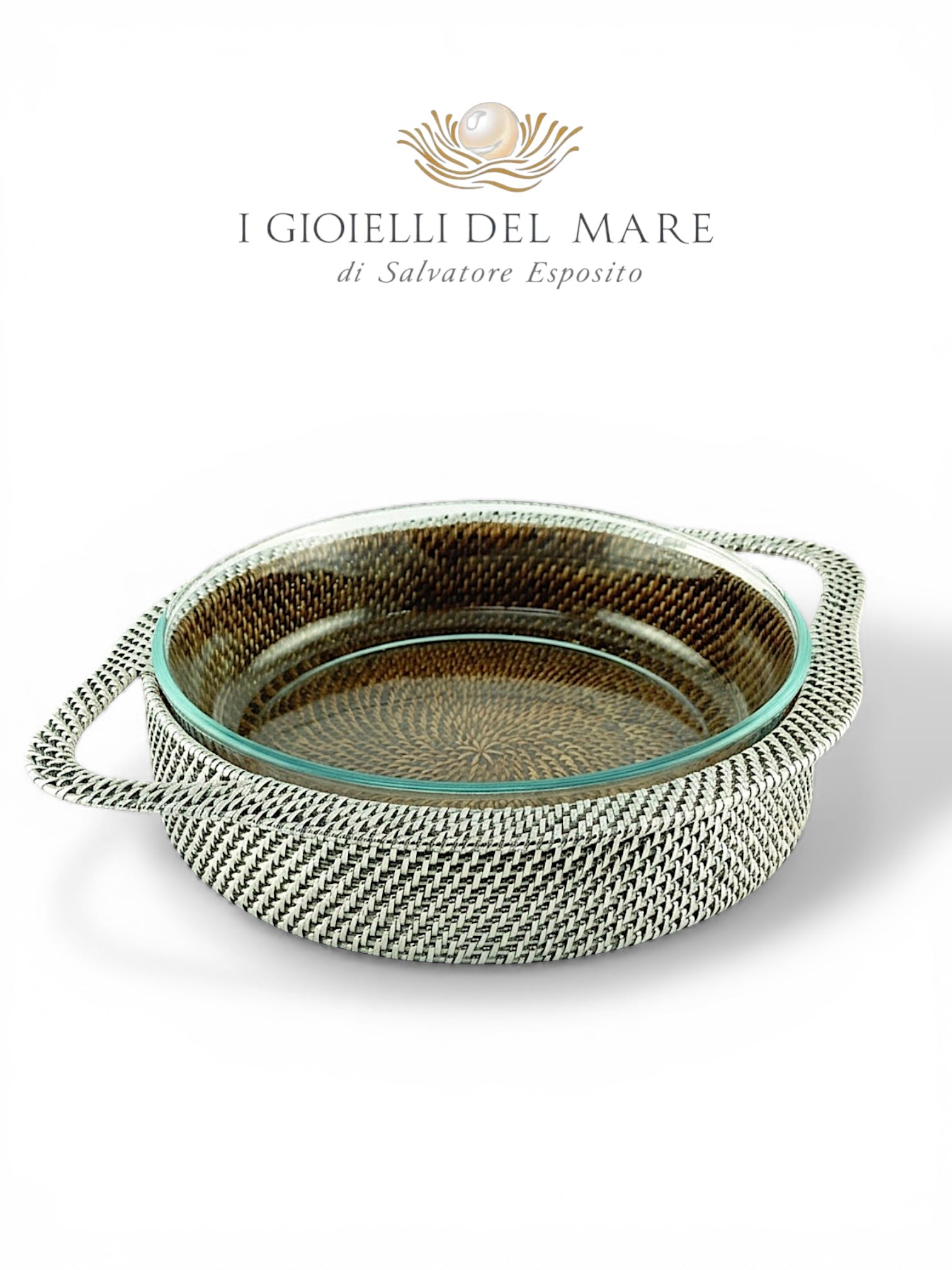 Cod.21259 Vassoio ovale in rattan rivestito in argento con Pyrex da forno artigianale in argento - I Gioielli del Mare