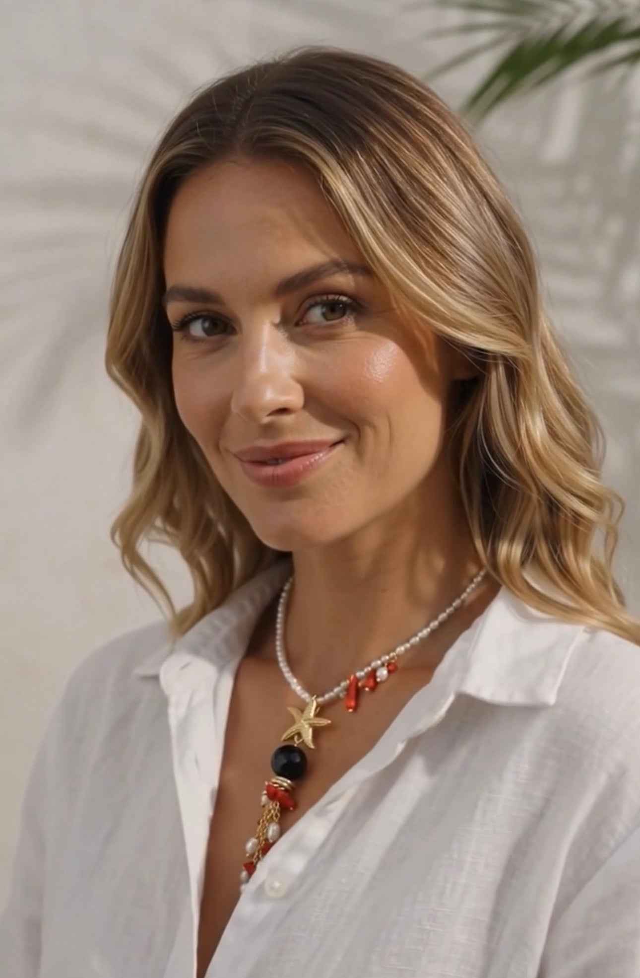Collier di perle con ciondolo in corallo, perle e montatura in ottone dorato