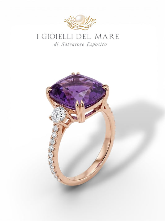 Anello in oro rosa con brillantini ed ametista (Info su richiesta)