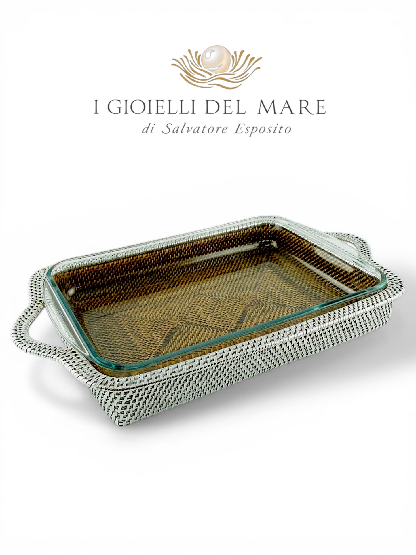 Cod.21260 Vassoio rettangolare in rattan rivestito in argento con Pyrex interno da forno artigianale in argento - I Gioielli del Mare