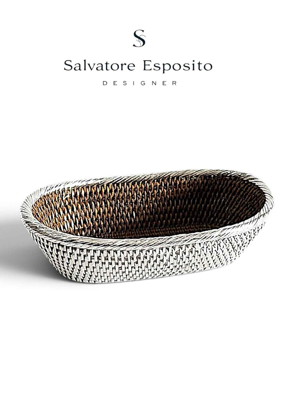 Cestino ovale in rattan birmano rivestito in argento