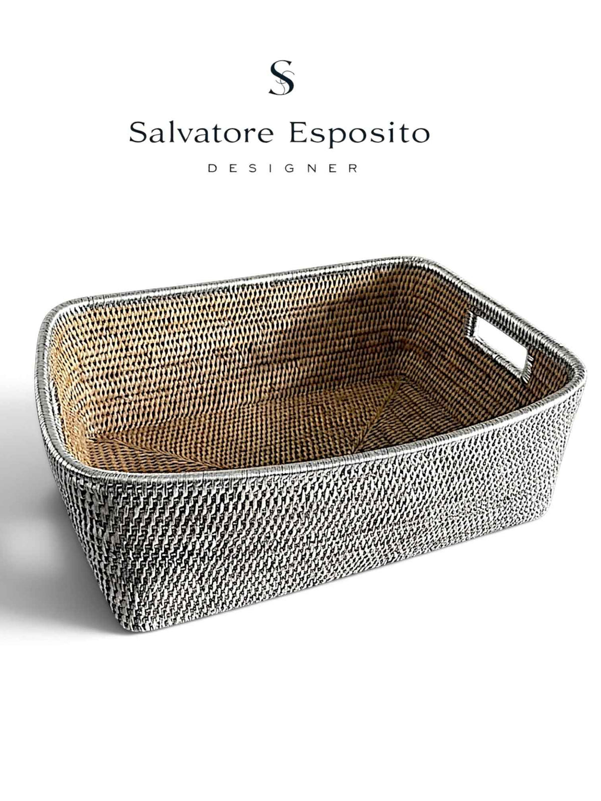Cestino Rettangolare in Rattan Intrecciato con Finitura Argentata e Maniglie Incassate