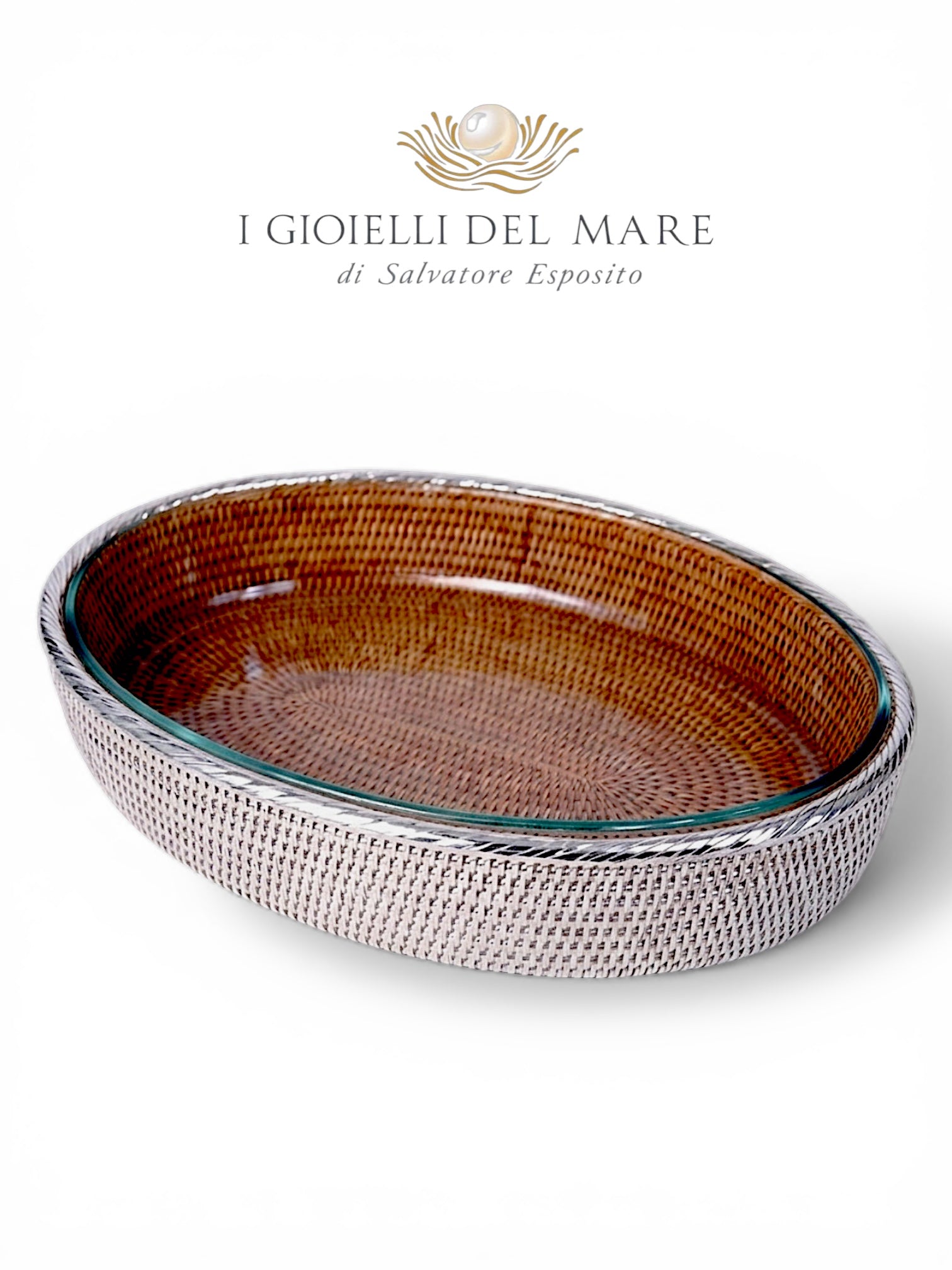 Cod.Vassoio Ovale in rattan rivestito in argento con Pyrex interno da forno artigianale in argento - I Gioielli del Mare