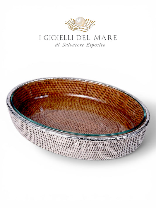 Cod.Vassoio Ovale in rattan rivestito in argento con Pyrex interno da forno artigianale in argento - I Gioielli del Mare