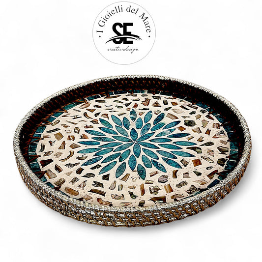Cod.21239 Vassoio tondo rattan rivestito in argento e mosaico madreperla 🆕