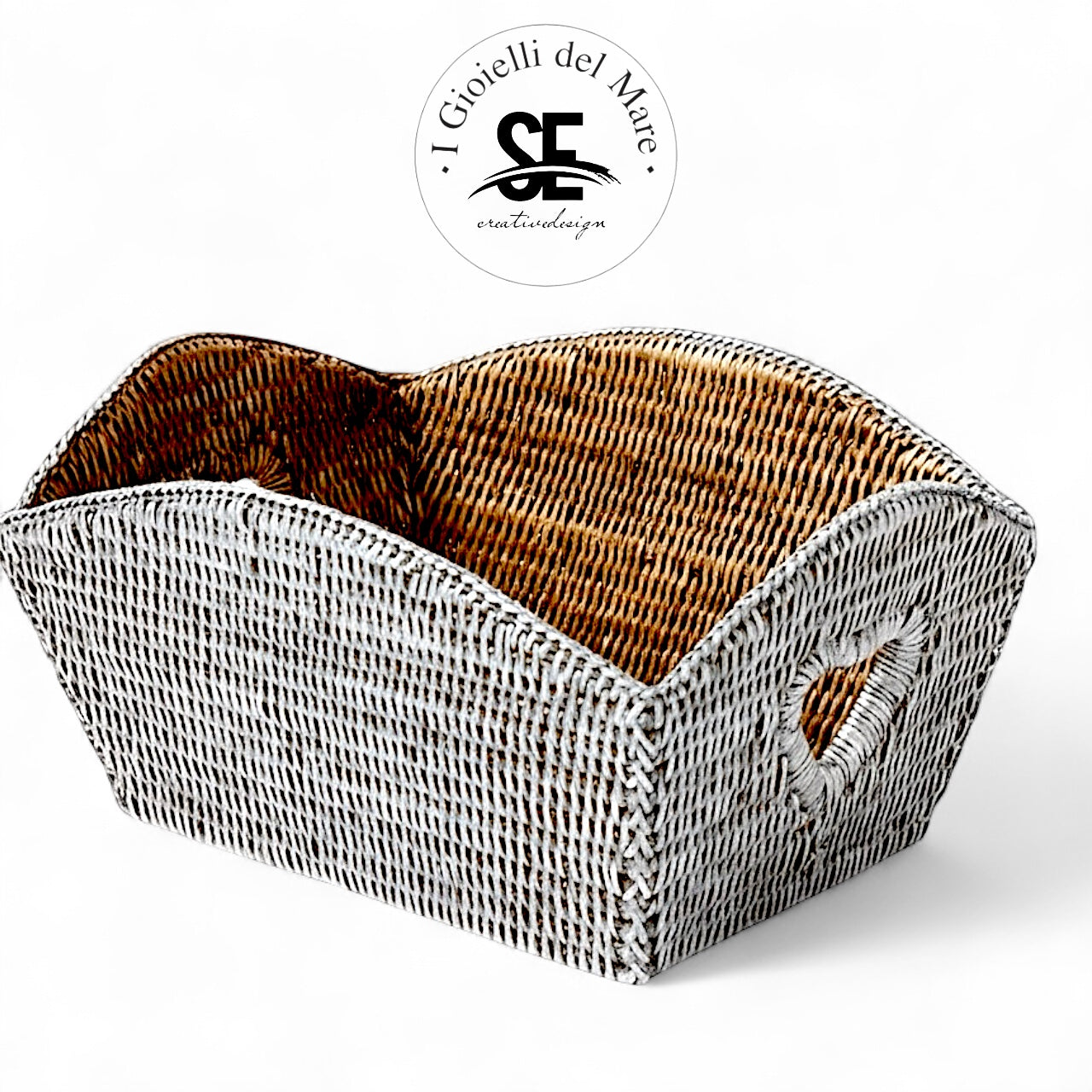 Cod.20147 Cestino rettangolare con cuori in rattan rivestito in argento artigianale in argento - I Gioielli del Mare