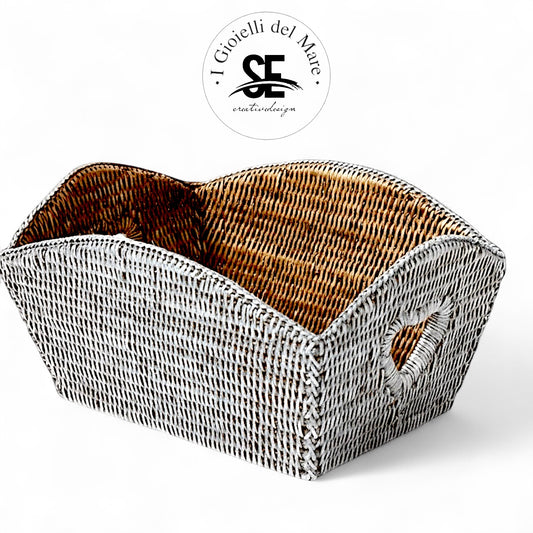 Cod.20147 Cestino rettangolare con cuori in rattan rivestito in argento artigianale in argento - I Gioielli del Mare