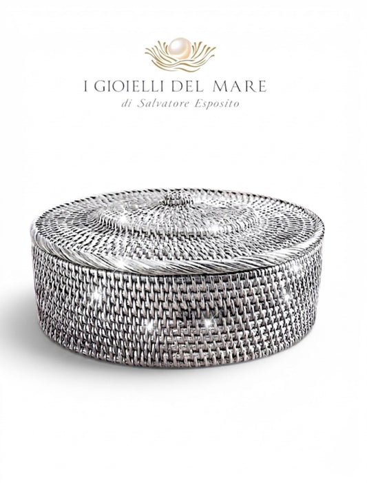 Ciotola con coperchio in rattan birmano rivestito in argento — Ø 26cm