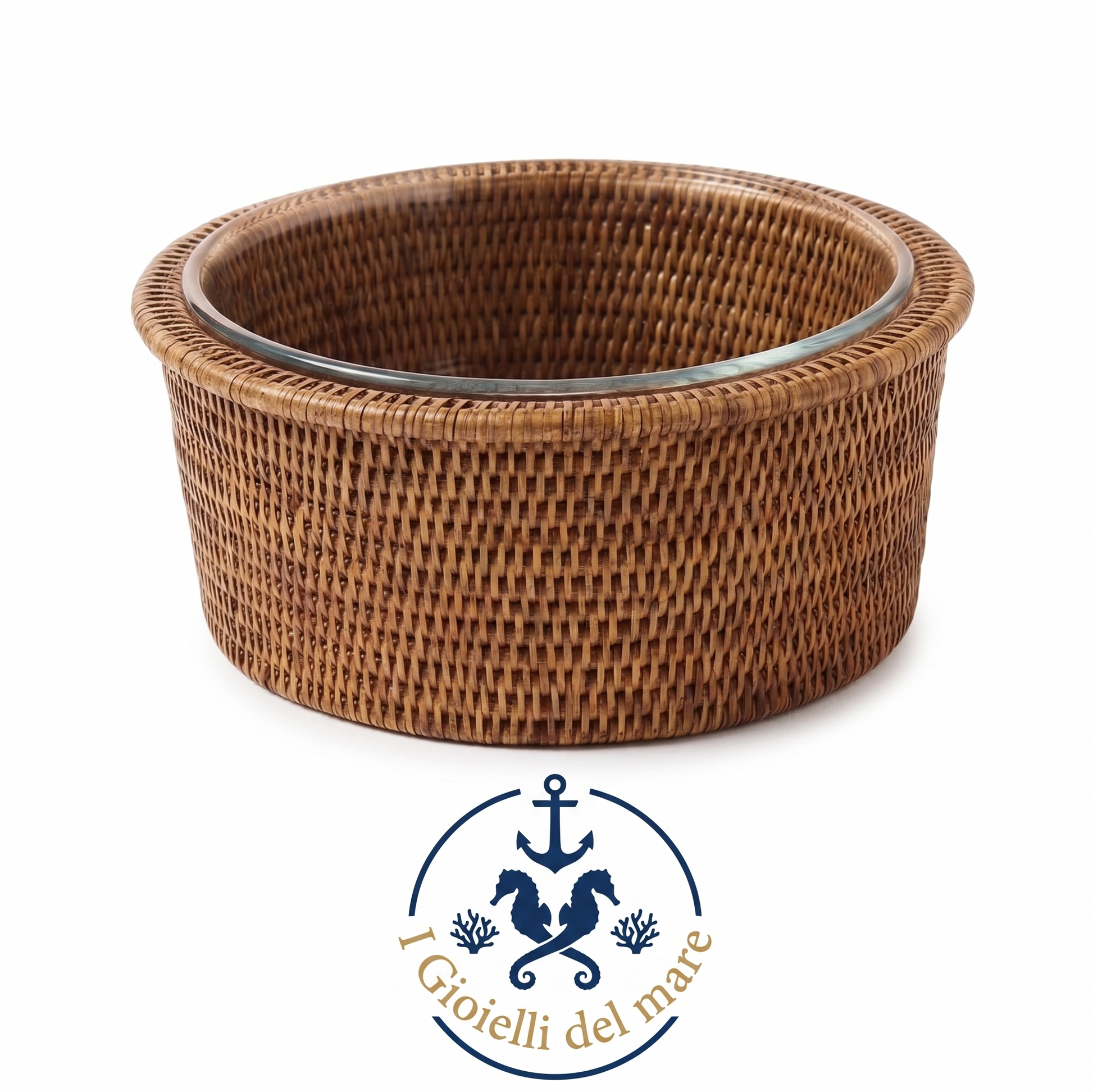 Vassoio tondo rattan naturale birmano con Pyrex artigianale in argento - I Gioielli del Mare