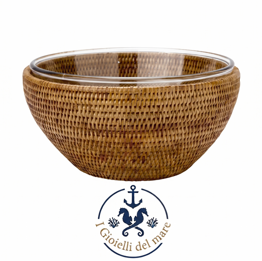 Ciotola in rattan naturale birmano con Pyrex artigianale in argento - I Gioielli del Mare