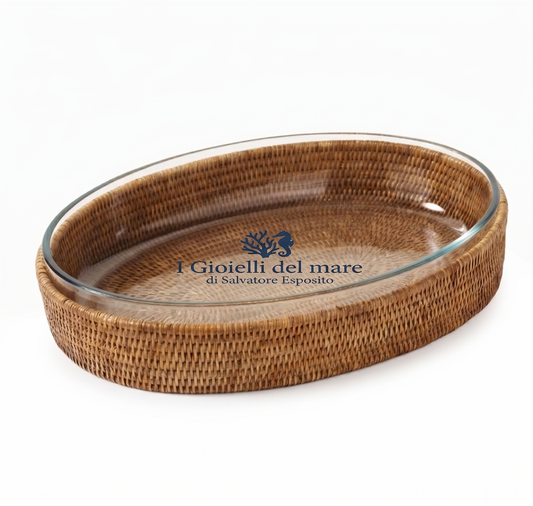 Vassoio ovale rattan naturale  birmano con Pyrex artigianale in argento - I Gioielli del Mare