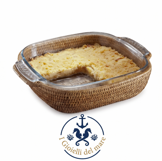 Vassoio quadra rattan birmano naturale con Pyrex artigianale in argento - I Gioielli del Mare