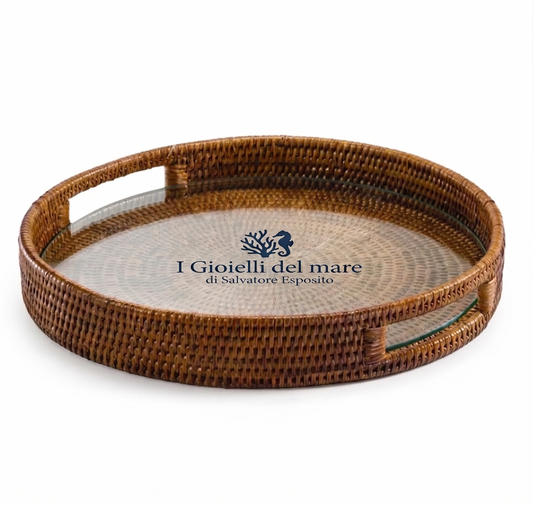 Vassoio tondo rattan naturale birmano con Pyrex artigianale in argento - I Gioielli del Mare