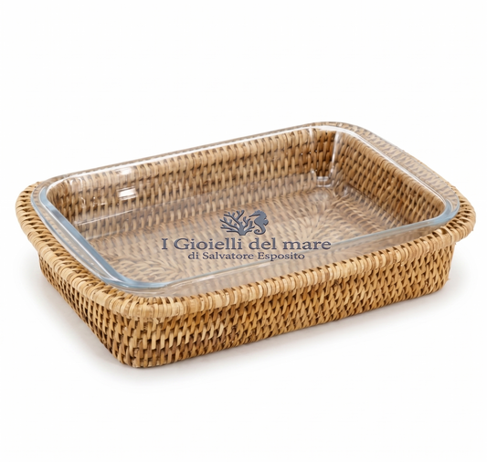 Vassoio rattan naturale birmano con Pyrex artigianale in argento - I Gioielli del Mare
