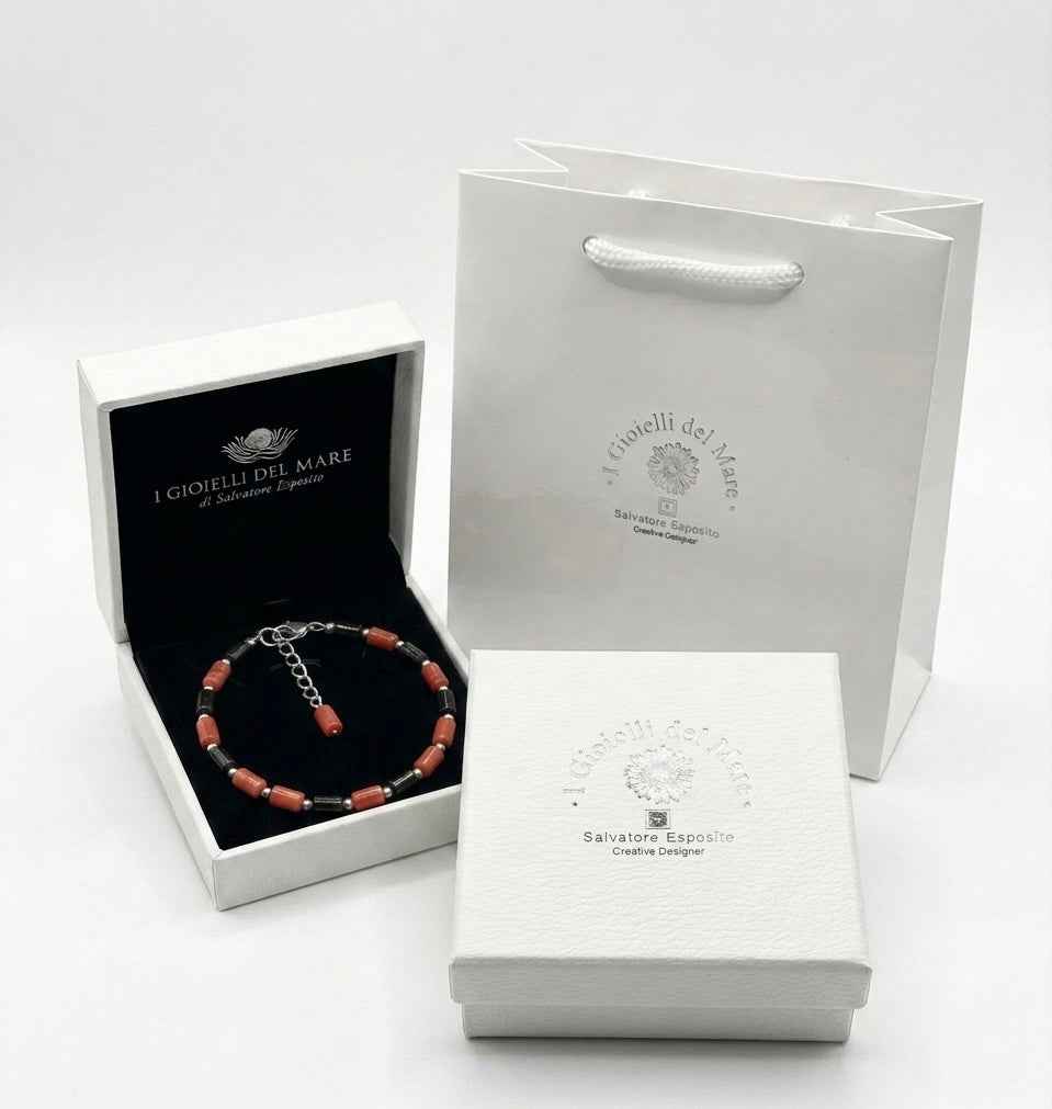 Bracciale uomo corallo bamboo e onice in argento nella confezione regalo I Gioielli del Mare