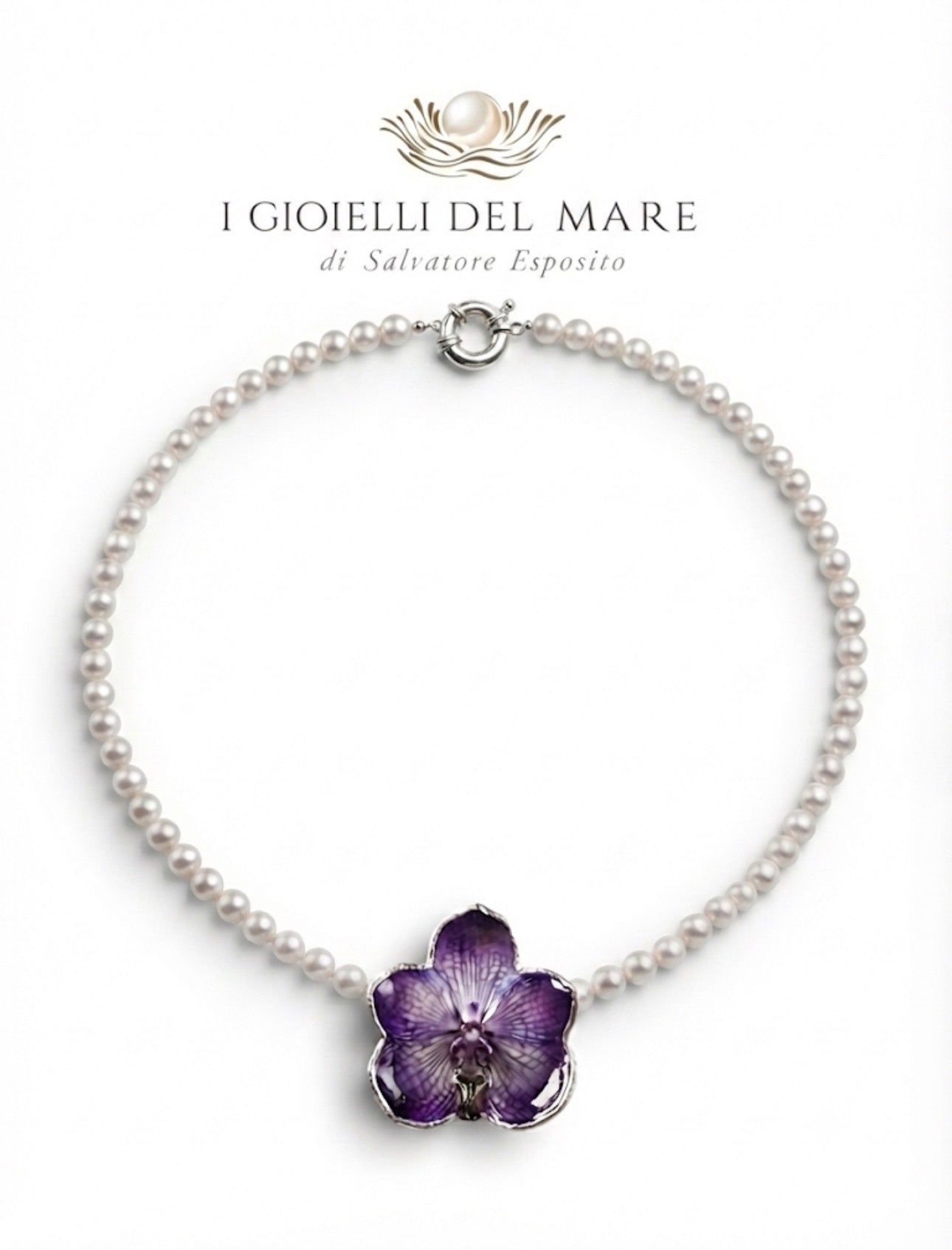 Collana perle e orchidea viola in argento – I Gioielli del Mare