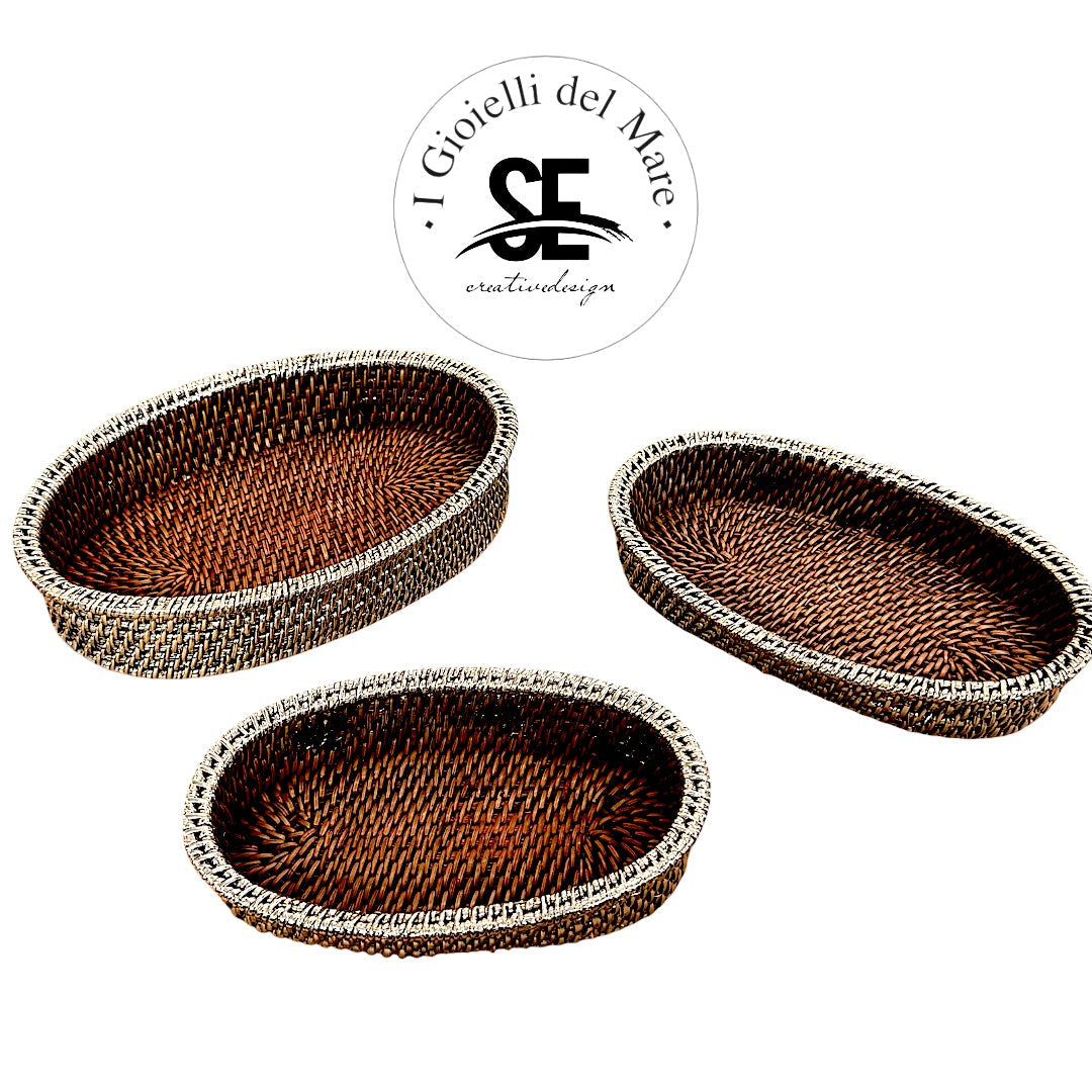 Cod.21216 Tris Ovale rattan rivestito in argento 🆕