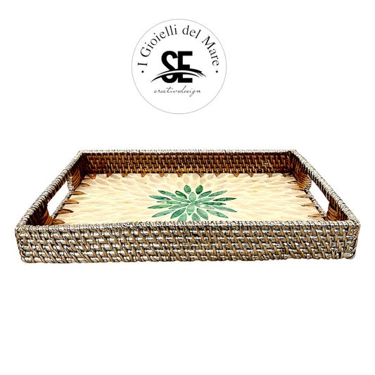 Cod.21225 Vassoio rettangolare rattan con manici e mosaico di madreprla 🆕