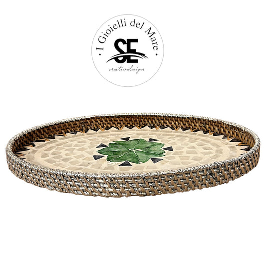 Cod.21222 Vassoio ovale rattan con mosaico di madreperla 🆕