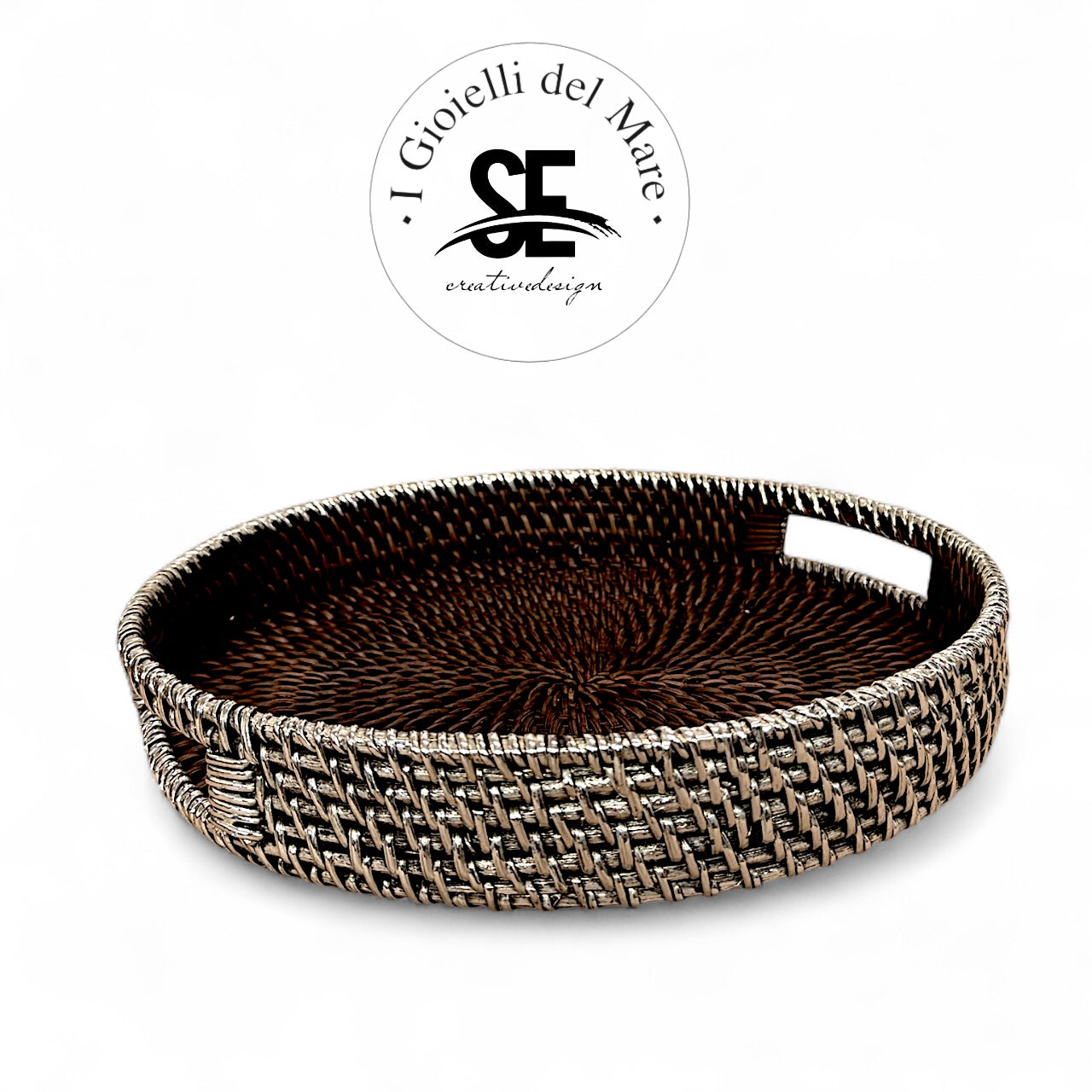 Cod.21234 Vassoio tondo con manici in rattan rivestito in argento🆕