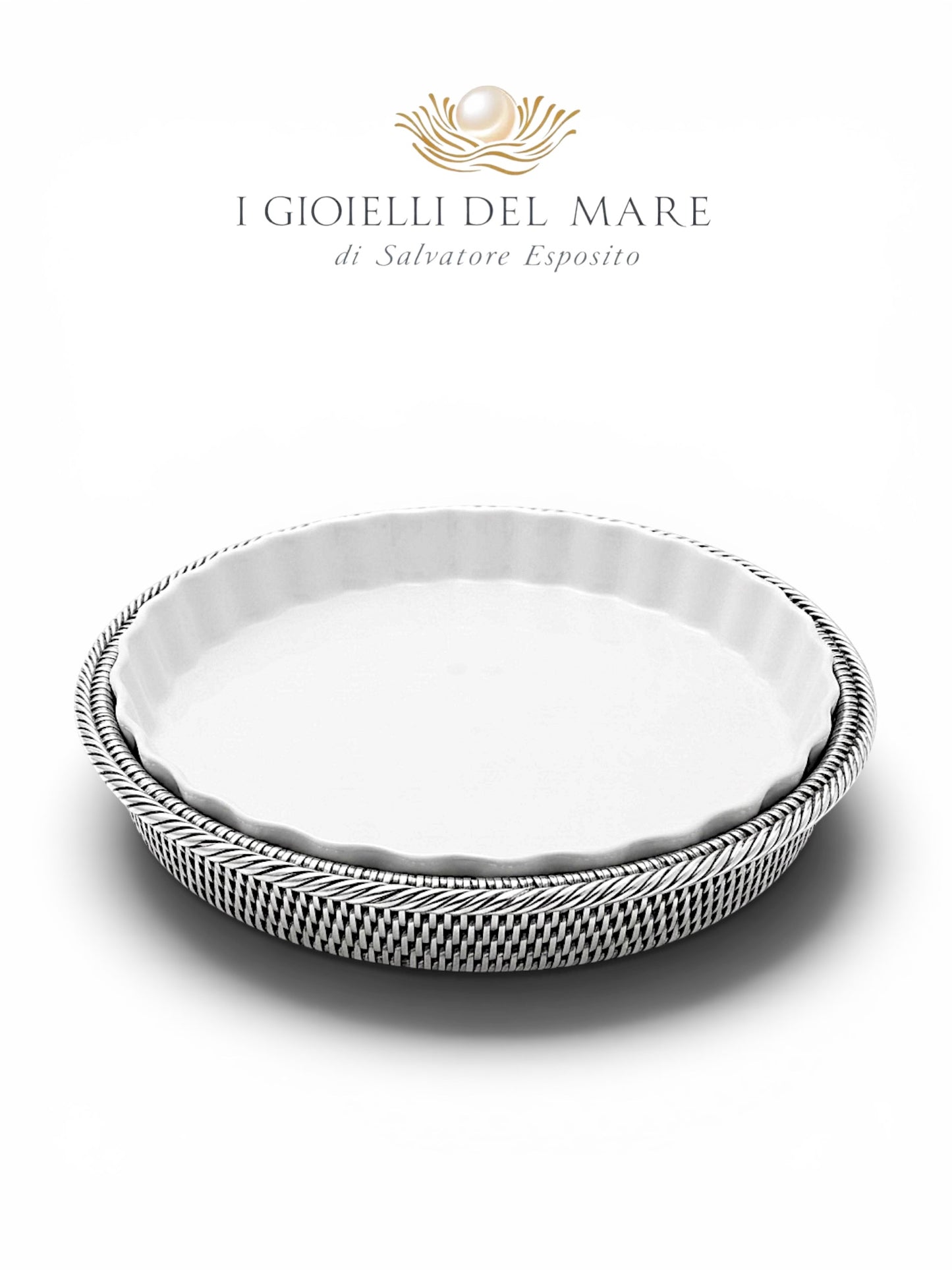 Vassoio tondo in rattan birmano rivestito in argento con porcellana da forno artigianale in argento - I Gioielli del Mare