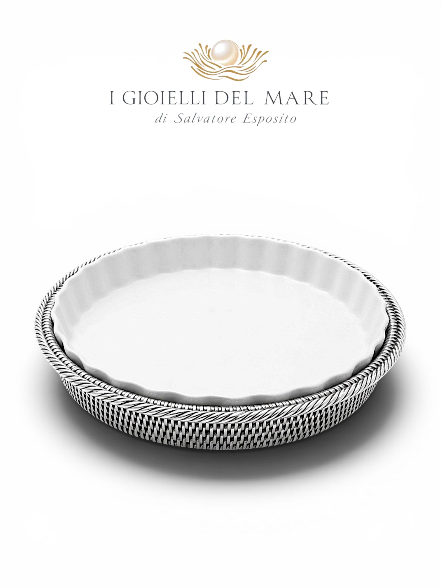 Vassoio tondo in rattan birmano rivestito in argento con porcellana da forno artigianale in argento - I Gioielli del Mare