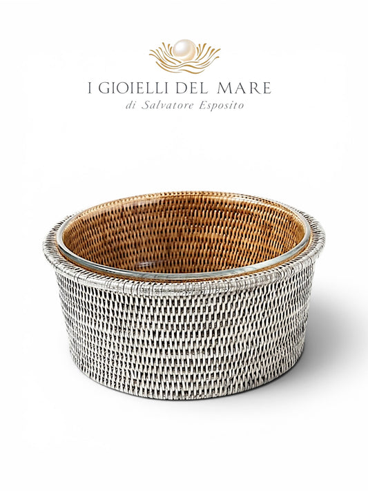 Cestino rattan birmano rivestito in argento soufflé pyrex